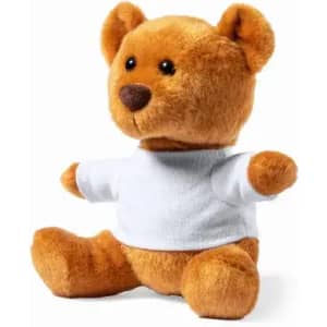 A plush teddy bear in shades of brown, wearing a white T-shirt, sits with its arms outstretched.