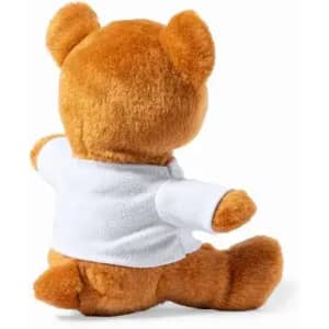 A plush teddy bear with a brown fur coat, wearing a white shirt and sitting on its bottom, facing away.