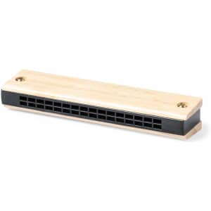 A harmonica with a wooden body and black ends, featuring a simple, classic design. It has a logo on one side.