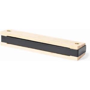 A wooden magnetic knife strip in natural wood with a black magnetic band. Includes mounting holes for installation.
