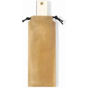 A drink bottle in a golden fabric pouch with a drawstring closure. The pouch has a subtle texture.