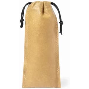 A small gold drawstring pouch made of textured material, featuring a black cord closure.