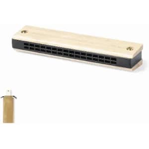 A harmonica with a wooden and black design, featuring multiple holes for playing, and a simple, sleek style.