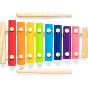 A xylophone with brightly coloured bars in red, orange, yellow, green, blue, purple, and pink, accompanied by wooden mallets.