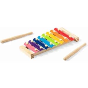 A rainbow xylophone with wooden bars in various colours, accompanied by two mallets.