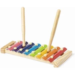 A wooden xylophone with colourful bars in blue, purple, pink, red, orange, yellow, and green. It has two wooden mallets.
