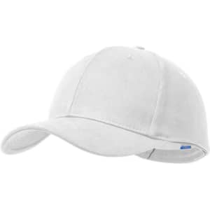 A white baseball cap with a curved brim and a logo on the side.