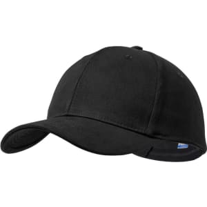 A black baseball cap with a curved brim and a six-panel design. It features a logo on the inside.