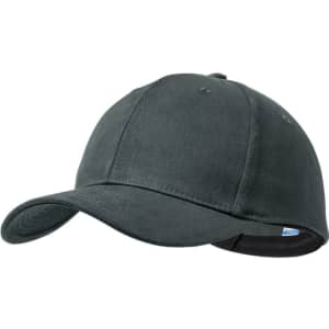 A dark grey cap with a curved peak and a smooth exterior, featuring a logo on the side.