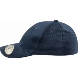 A navy blue cap with a curved brim and a size adjustment at the back, featuring a logo on the side.