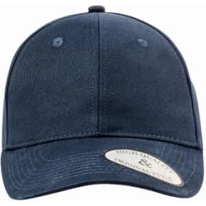 A dark navy baseball cap with a curved brim and a logo patch on the side.