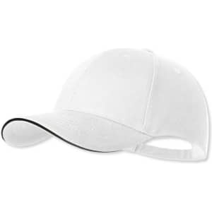 A white cap with a contrasting trim, featuring a curved peak and an adjustable strap at the back.