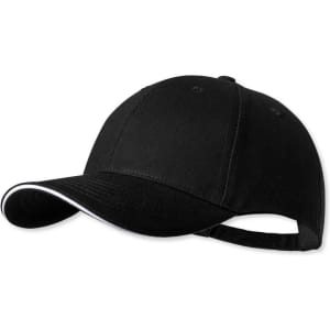 A black cap with a curved brim and a white accent along the edge. It features an adjustable strap at the back.