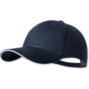 A navy blue cap with a curved brim and an adjustable strap at the back, featuring a logo.