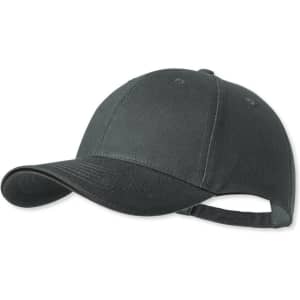 A black cap featuring a curved brim and adjustable strap at the back, with an overall simple design.