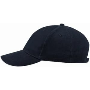 A navy blue cap with a curved brim and adjustable strap, featuring a logo on the front.