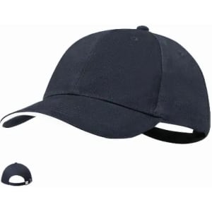A navy blue cap with a rounded crown and adjustable back strap, featuring a logo on the side.