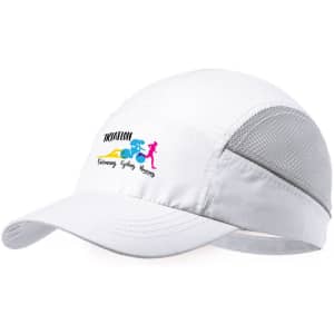 A white cap with a mesh panel, featuring a logo that represents swimming, cycling, and running activities.
