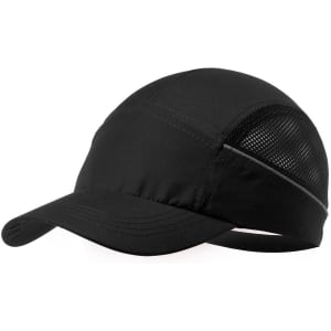 A black cap with a mesh panel and a curved brim. It features a logo on the side.
