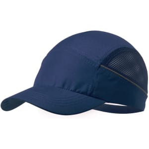 A navy blue cap with a breathable mesh panel and a curved brim. It features a flexible strap at the back.
