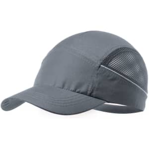 A grey sports cap featuring mesh panels and an adjustable strap at the back.