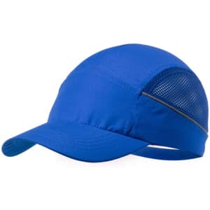 A blue cap featuring a mesh panel and a curved brim, with an adjustable strap at the back.