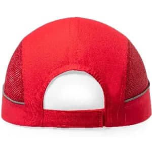 A red cap featuring mesh detailing at the back and an adjustable strap.