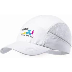 A white cap featuring a logo with colourful graphics of swimming, cycling, and running.