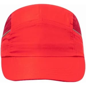 A red cap with mesh panels and a structured front. It features a reflective strip along the top.