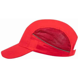 A red cap featuring a mesh design for improved ventilation and a curved peak. It includes a branding logo.