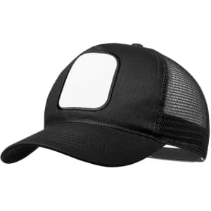 A black cap with a mesh back and a blank white panel on the front for customisation.