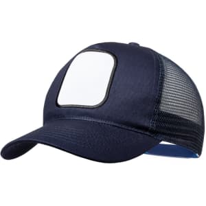A navy cap with a mesh back and a blank white panel on the front, suitable for customisation.