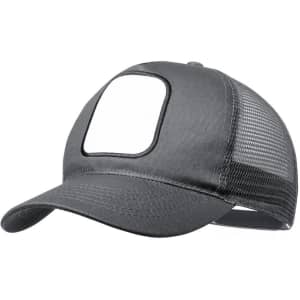 A grey cap with a mesh back, featuring a blank front panel for custom designs.