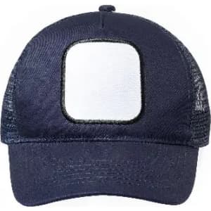 A navy blue cap featuring a blank square patch at the front and mesh sides, suitable for custom branding.