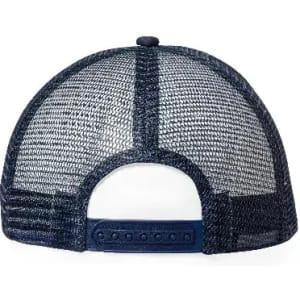 A cap featuring a navy blue fabric and mesh design, with an adjustable snapback closure at the rear.