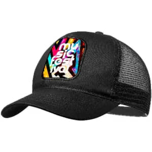 A black cap with a vibrant, multicoloured logo patch featuring a music festival design on the front.