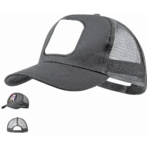 A grey cap with a mesh back and a blank front panel, featuring an adjustable strap.