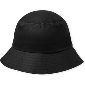 A black bucket hat with a rounded top and a wide, downward-sloping brim.