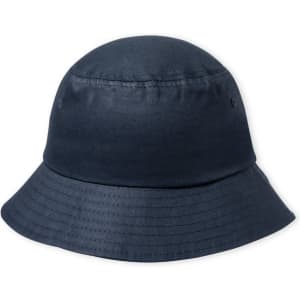 A bucket hat in a navy blue colour with a soft fabric texture and a wide brim. It features ventilation holes.