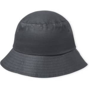 A bucket hat in dark grey, featuring a wide brim and a simple design. It has ventilation holes on the sides.