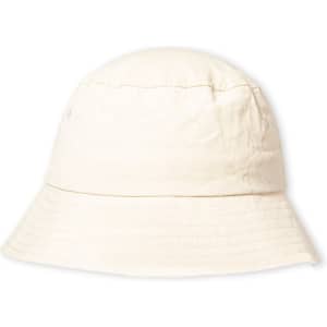 A cream bucket hat with a wide brim and a soft fabric finish, featuring gathered detailing on the crown.