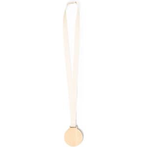 A wooden medal with a round shape hanging from a cream-coloured strap.