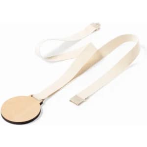 A medal with a circular wooden pendant and a light-coloured fabric strap, featuring a simple design.
