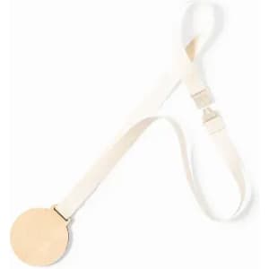 A medal with a round, plain gold-coloured disc attached to a white ribbon strap.