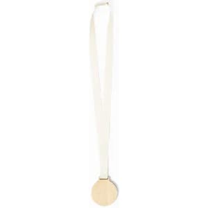 A medal with a round wooden centre and a white ribbon. The medal has a smooth, polished surface.