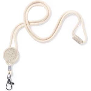 A lanyard in light beige with a textured circular clip attachment and a lobster clasp for secure fastening.