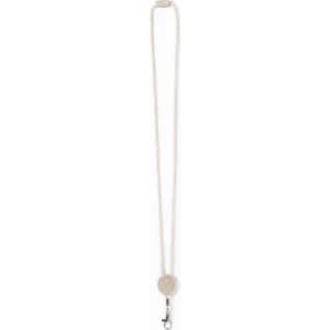 A lanyard with a round attachment featuring a clip, presented in a light colour.