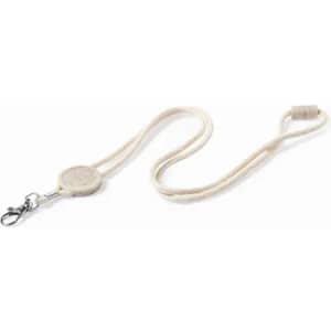 A cream-coloured drink bottle strap featuring a clip and a loop for easy attachment. Includes a circular branding element.