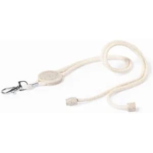 A cream-coloured lanyard with a clip and textured ends. It features a round connector with a logo.