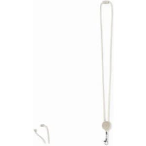 A lanyard in white with a round attachment point and a clip for securing items.